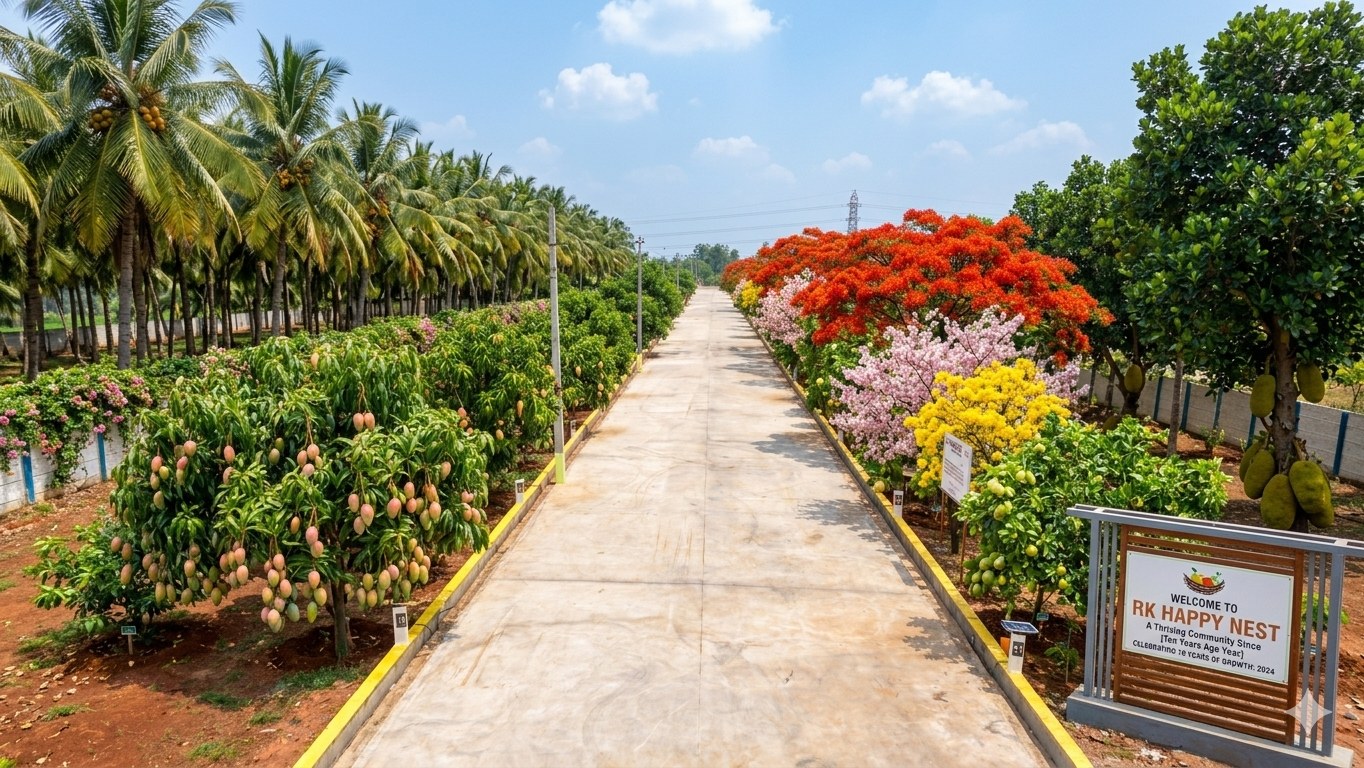 A peaceful, nature-filled entrance experience planned for RK Happy Nest.